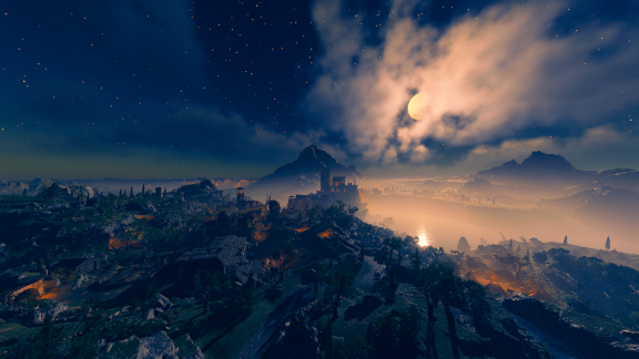 A view of Baldur's Gate, Rivington, and Wyrm's Rock from the foothill beyond the Chionthar River.